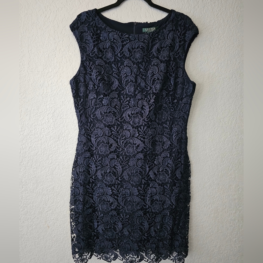 Lauren Ralph Lauren Evening Dress Lighthouse Navy Floral Lace Overlay Sz 16
